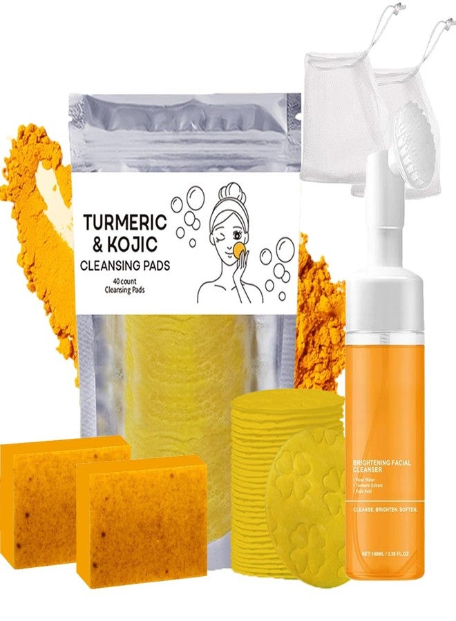 Baorder 4Pcs Turmeric Wash and Care Set,Tuemeric Facial Cleanser, Turmeric Cleansing Exfoliating Pads,Handmade Soap Bubble Mesh Bags,Turmeric Soap Combo,Skin Care Set for Face & Body,Deep Cleansing - Image 1